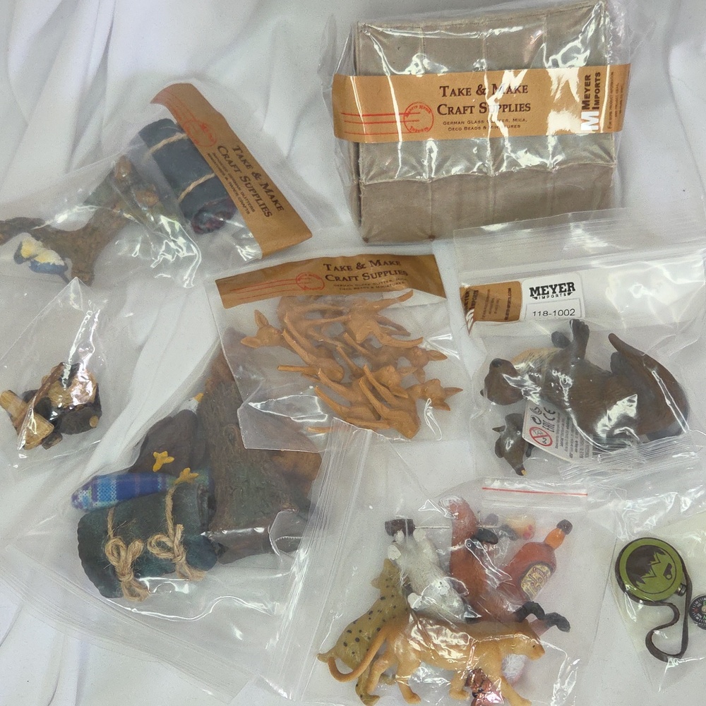Doll house Camping gear Tent Animals sleeping bags Compass